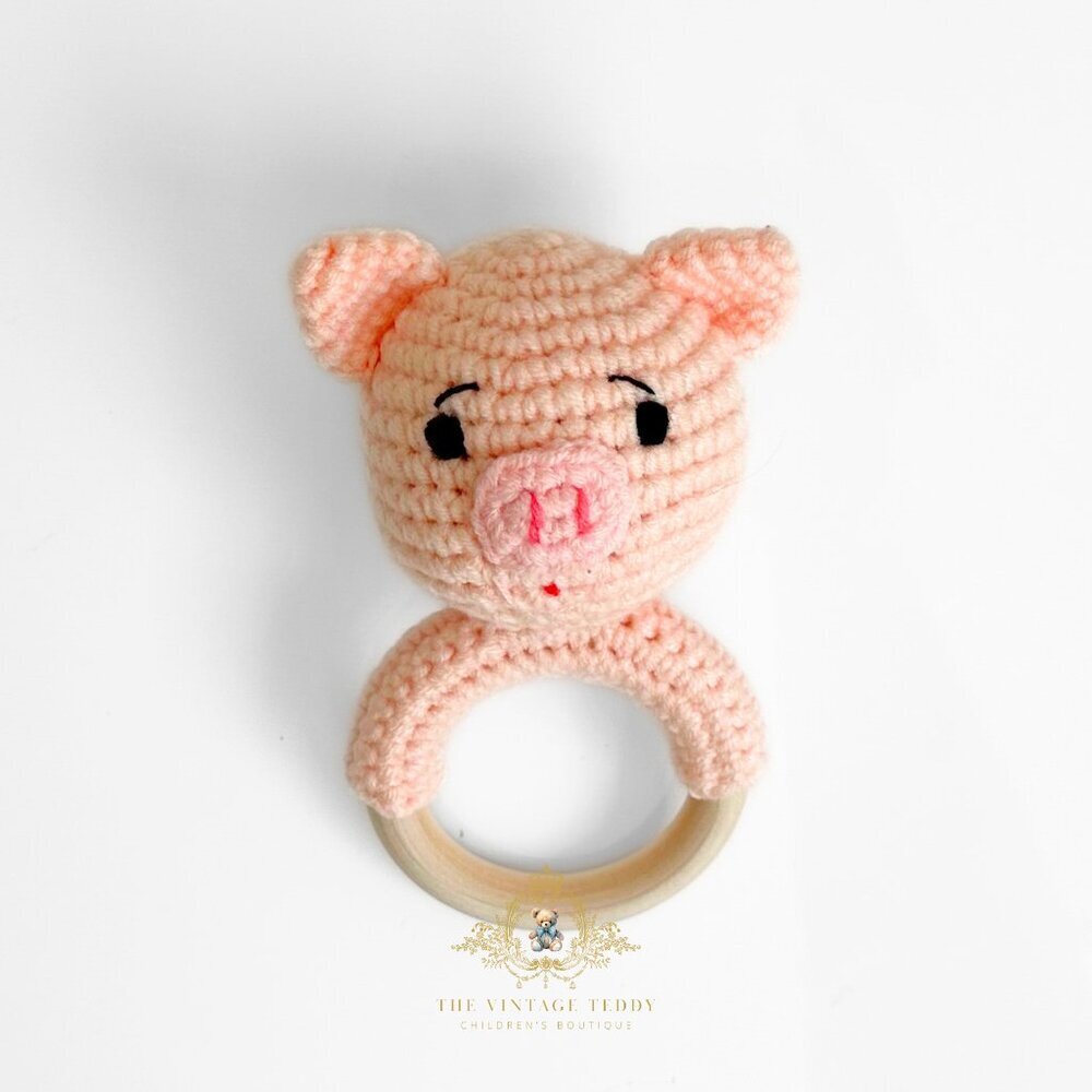 NWT Cute Handmade Crochet Piggy Baby Rattle Baby & Toddler Wooden Plush Toys